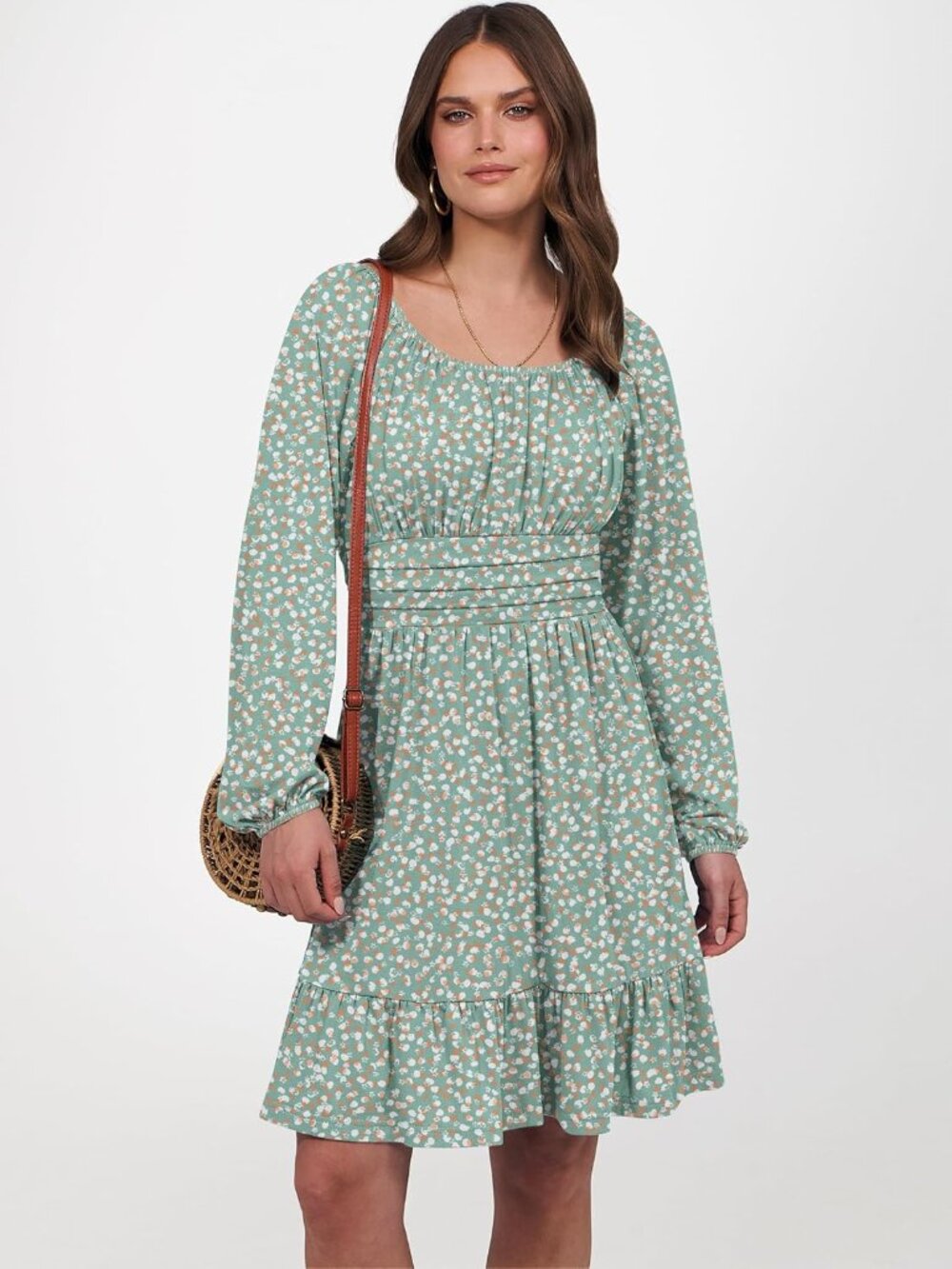 Women's Orange White Long Lantern Sleeve Ruffle Flowy Swing A-Line Short Dress - Picture 3 of 6